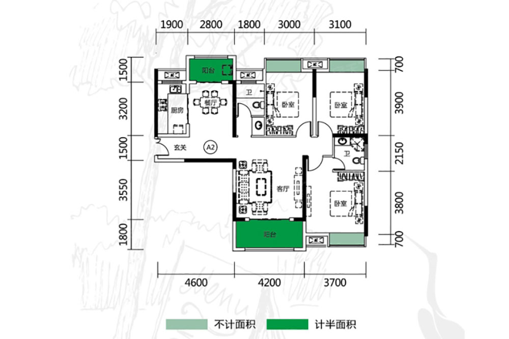 建面約124㎡戶型
